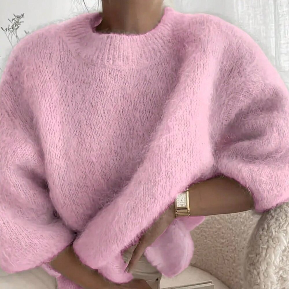Pink Minimalist Women's Fuzzy Ribbed Knit Crew Neck Sweater